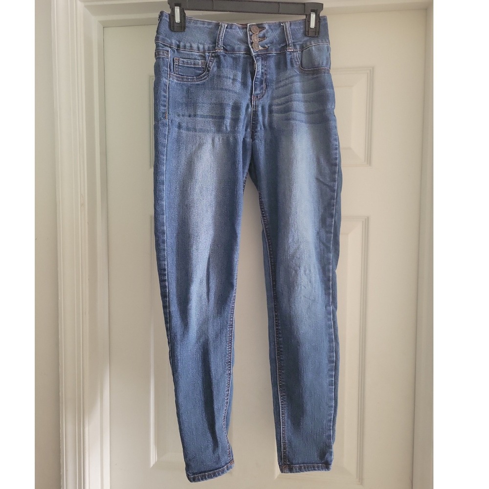 Cello Jeans Womens Sz 5 Medium Wash High Rise Triple Button Skinny Jeans AB15248